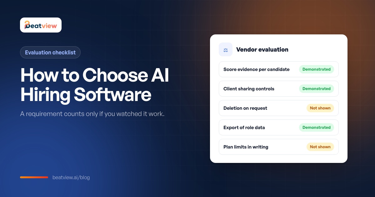 AI hiring software evaluation checklist marking each requirement as demonstrated or not shown