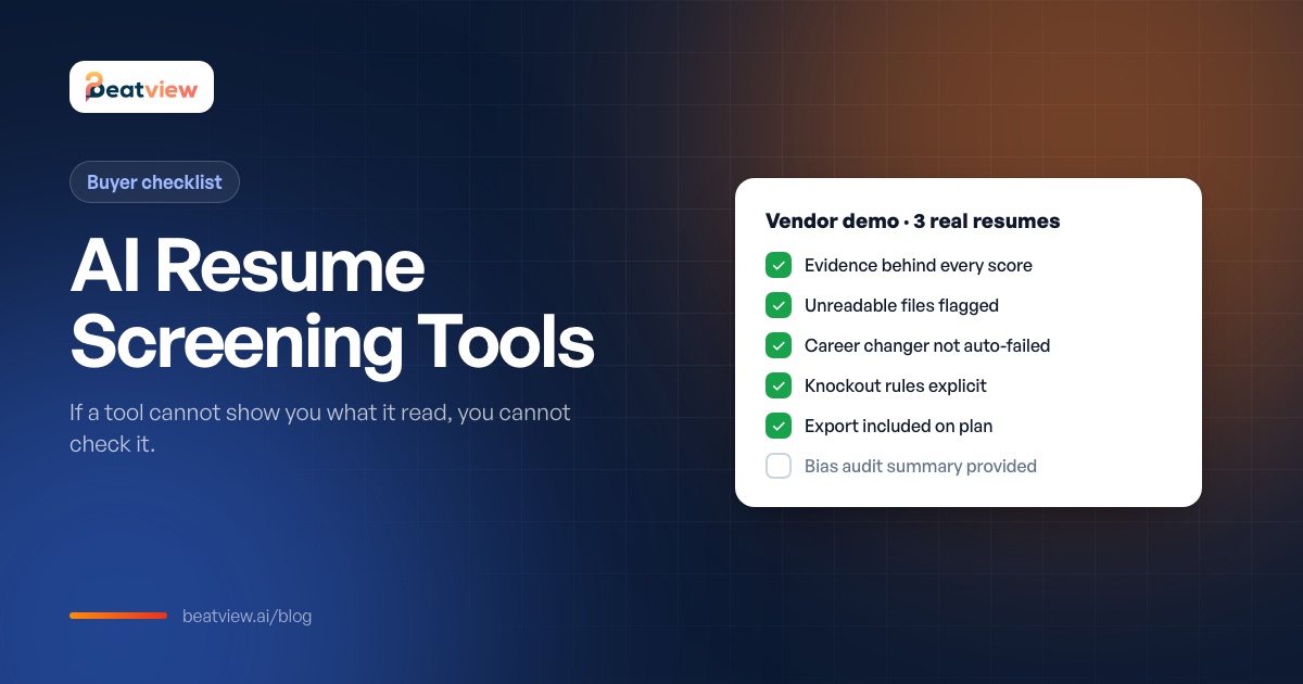 AI resume screening tools checklist with evidence, unreadable files, knockout rules and export checks