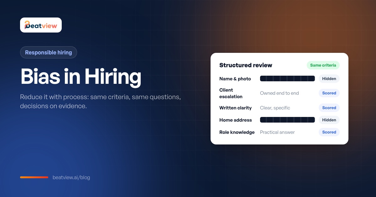 Structured review card showing the same criteria scored for every candidate with personal details hidden