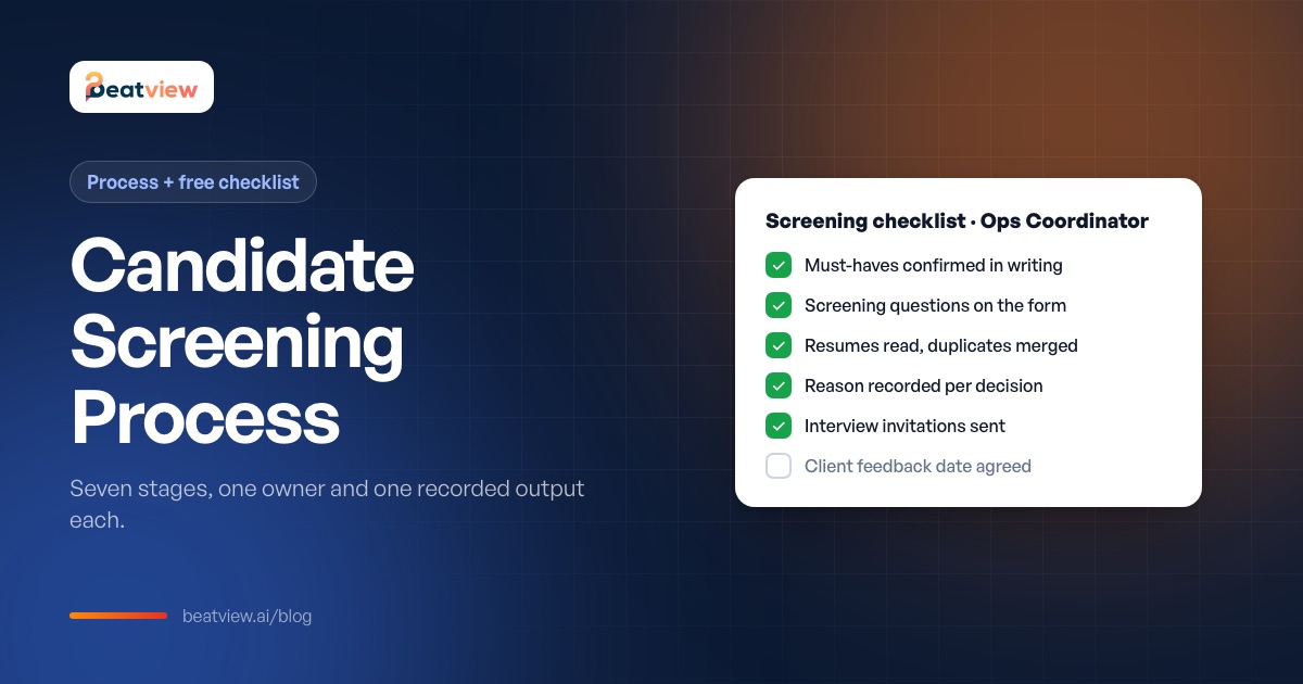 Candidate screening checklist with completed steps for role setup, resume review and interview