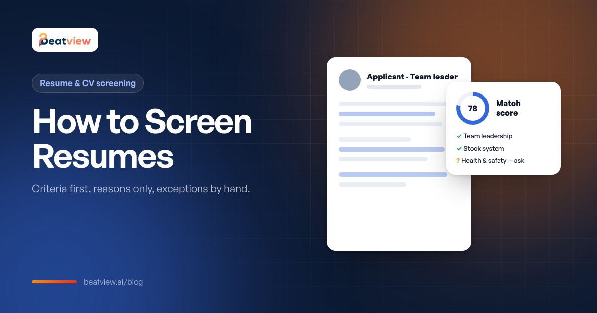 Resume screening view showing a resume, a match score and evidence for each requirement