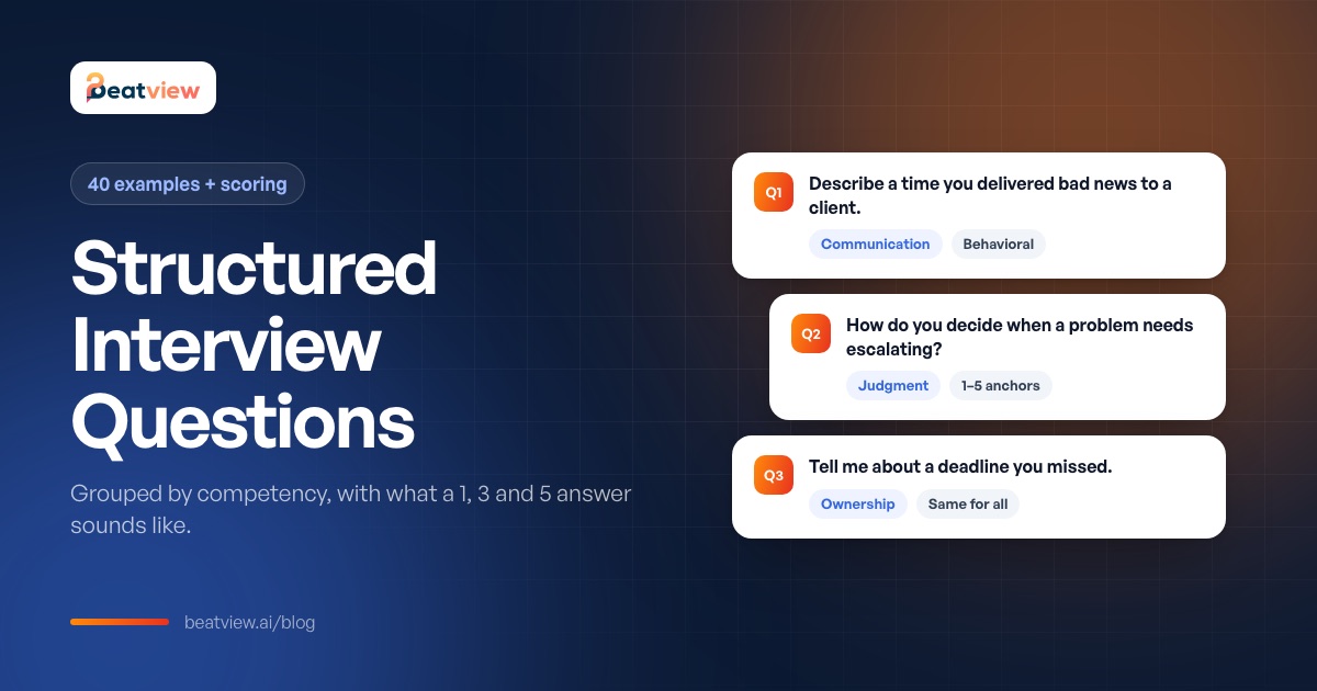 Three structured interview question cards with competency and time-limit labels