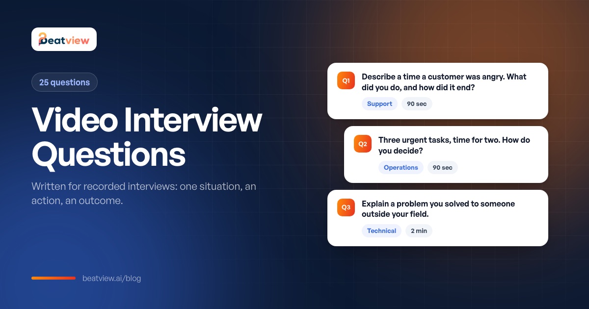 Recorded video interview question cards with time limits and competency labels