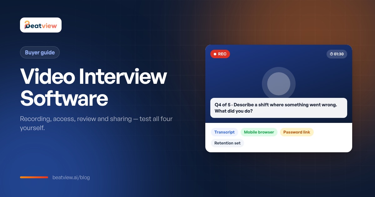 Video interview software screen with a recorded answer, transcript and share controls
