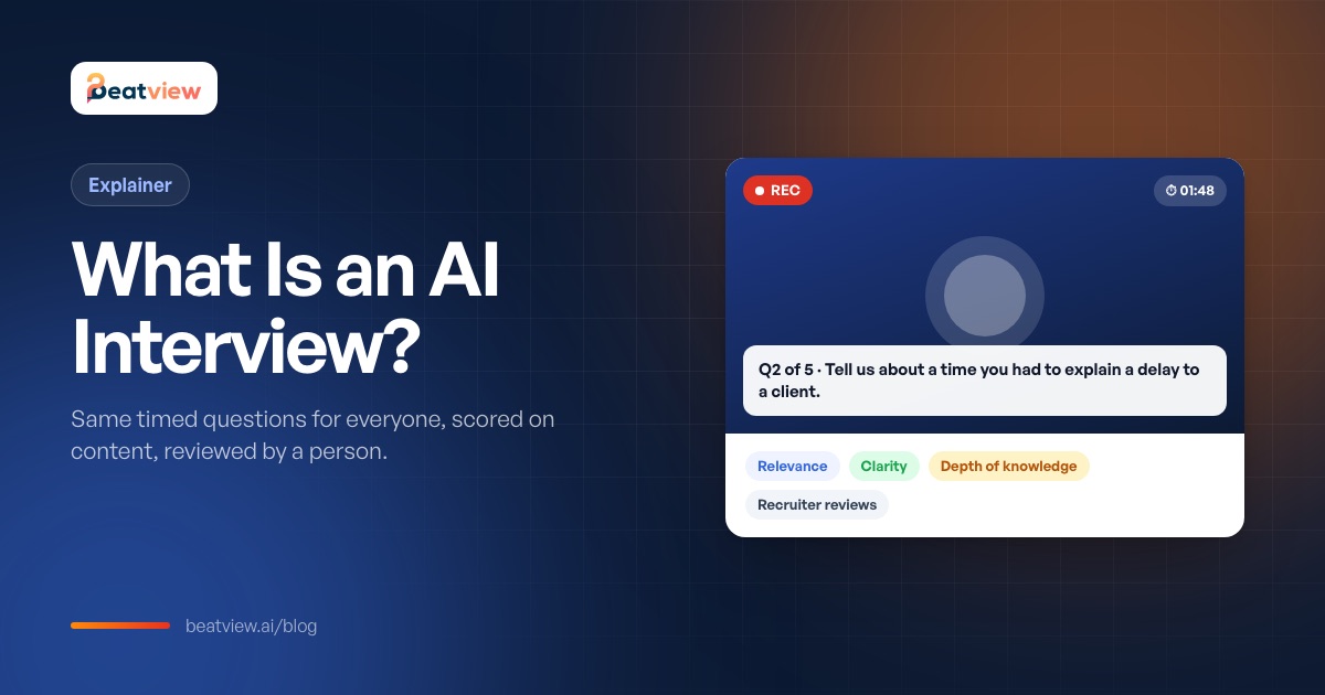 AI video interview screen showing a timed question, recording indicator and scored dimensions